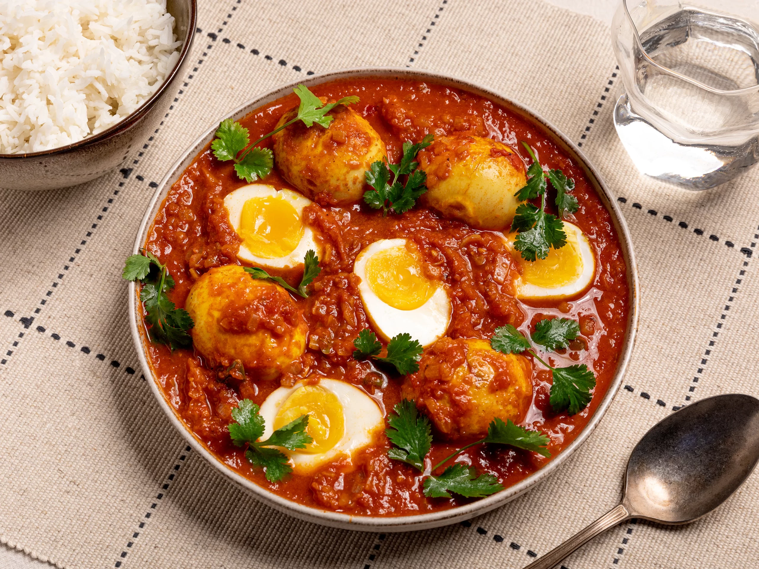 A close-up of golden-hued egg curry garnished with fresh cilantro leaves, inviting viewers to savor the rich flavors and enticing aroma.