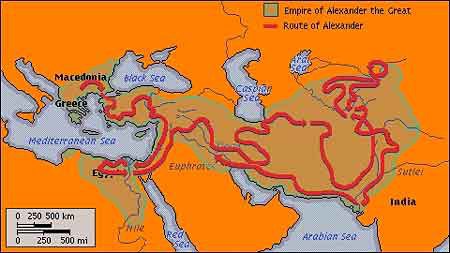 A detailed map showing the vast expanse of Alexander the Great's empire from Greece to the Indus River.