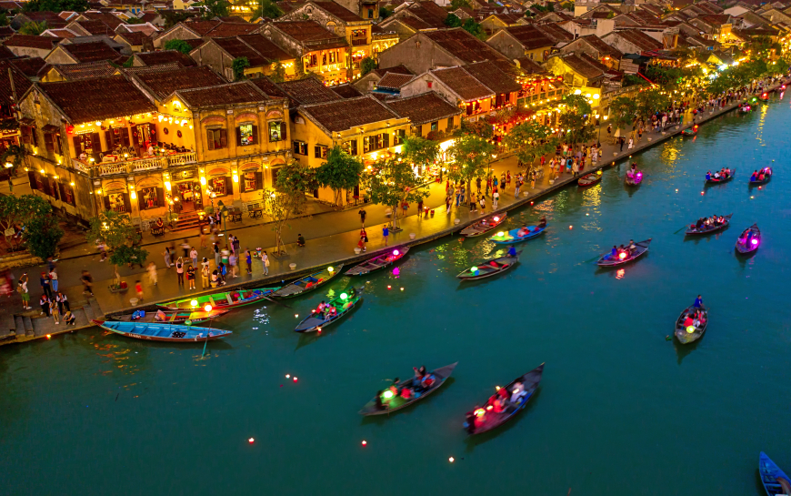 Riverside view of historic buildings in Hoi An 